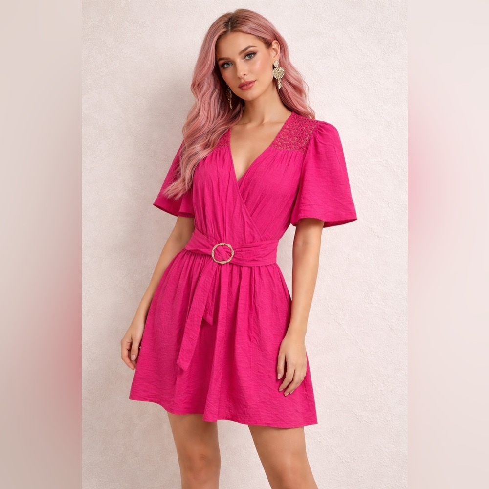 NAF NAF Paris Fuchsia V-Neck Wrap Mini Dress with Ring Belt